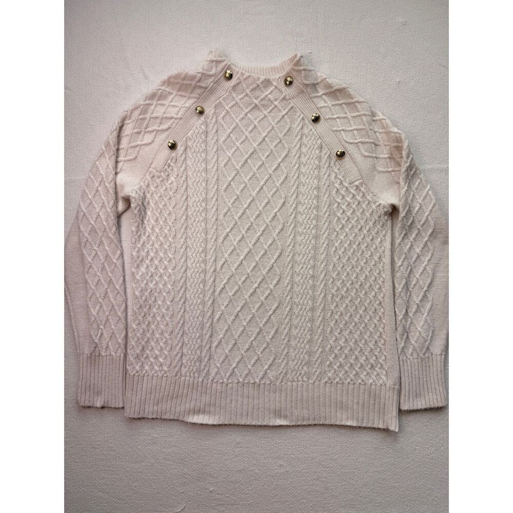 Talbots Cable Knit Sweater Medium Ivory Gold Button Shoulder Pullover